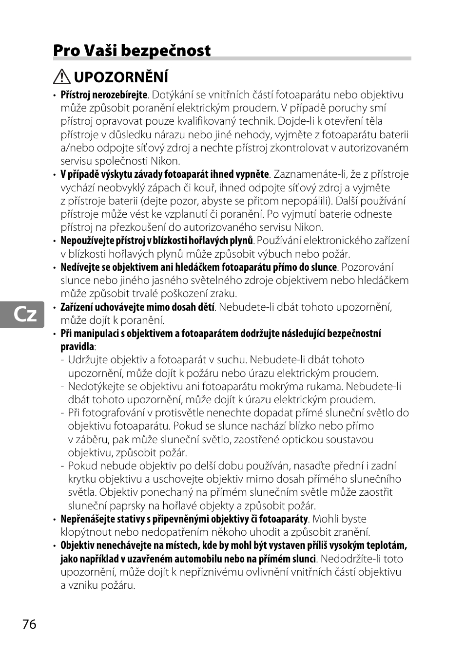 Pro vaši bezpečnost, Upozornění, Jp en de fr es sv ru nl it cz sk ro ua ck ch kr | Nikon AF-S 85mm f-1.4G User Manual | Page 76 / 140