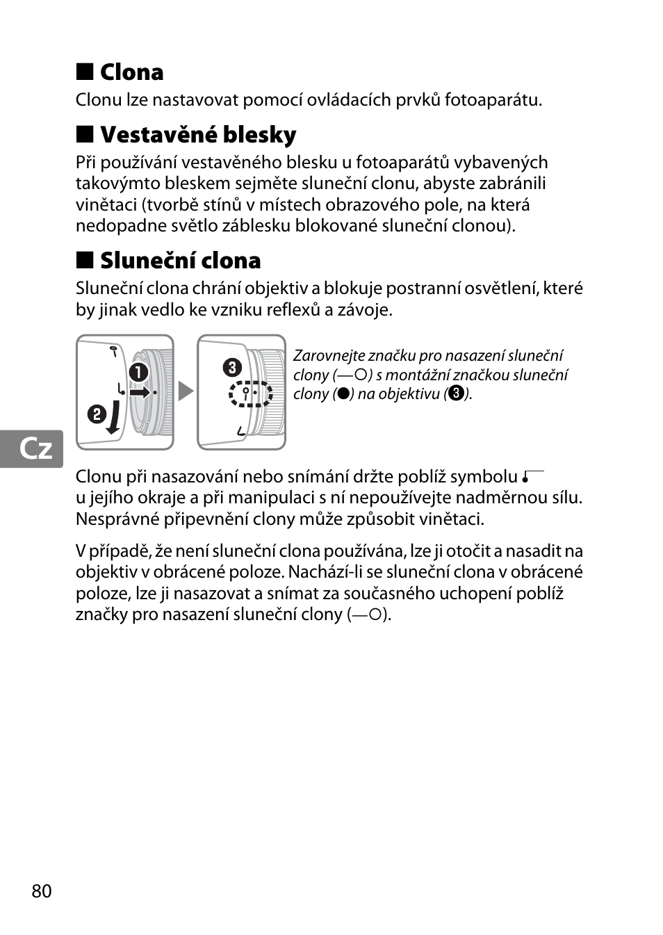 Clona, Vestavěné blesky, Sluneční clona | Jp en de fr es sv ru nl it cz sk ro ua ck ch kr | Nikon AF-S 85mm f-1.4G User Manual | Page 80 / 140