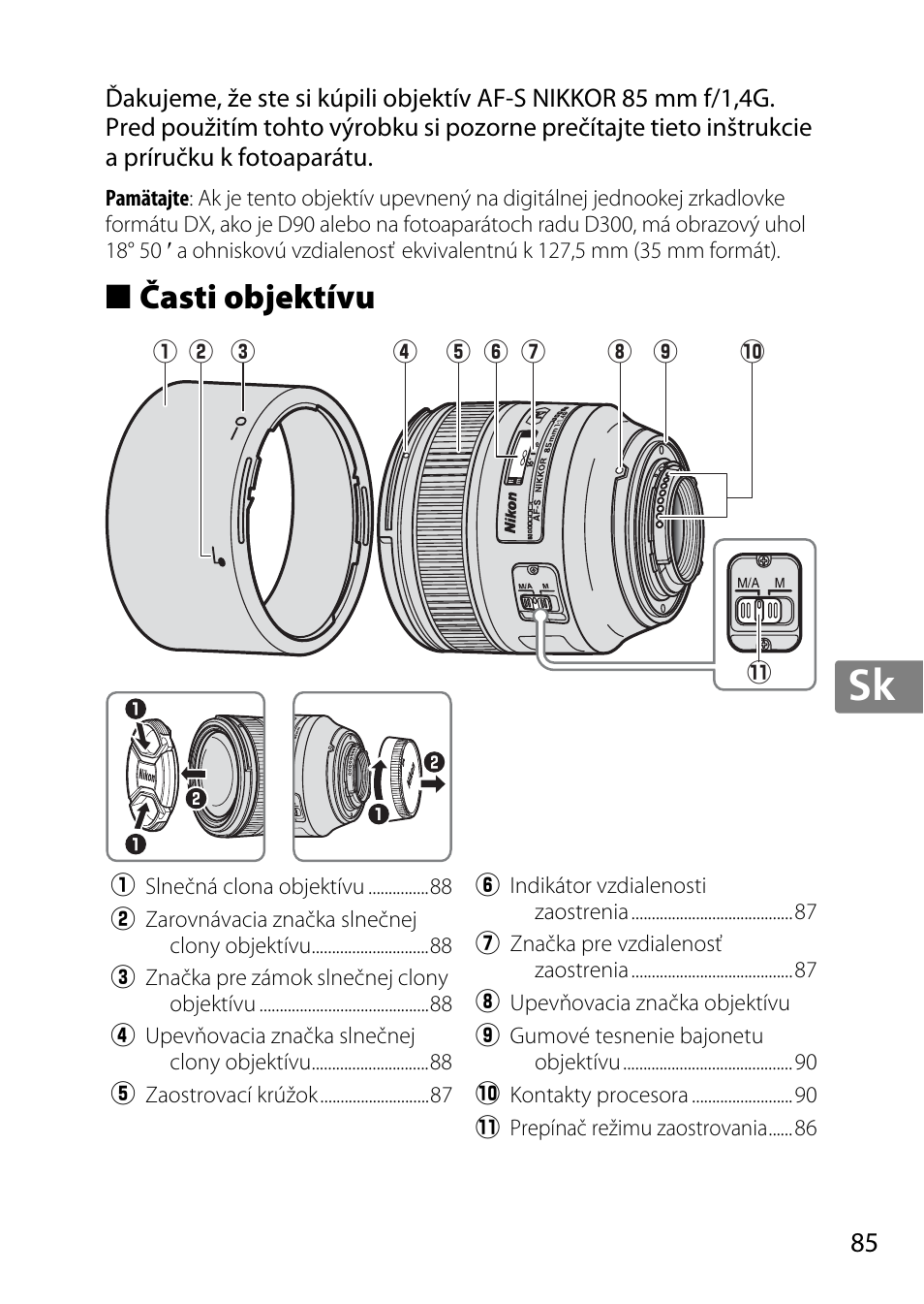 Časti objektívu, Jp en de fr es sv ru nl it cz sk ro ua ck ch kr | Nikon AF-S 85mm f-1.4G User Manual | Page 85 / 140