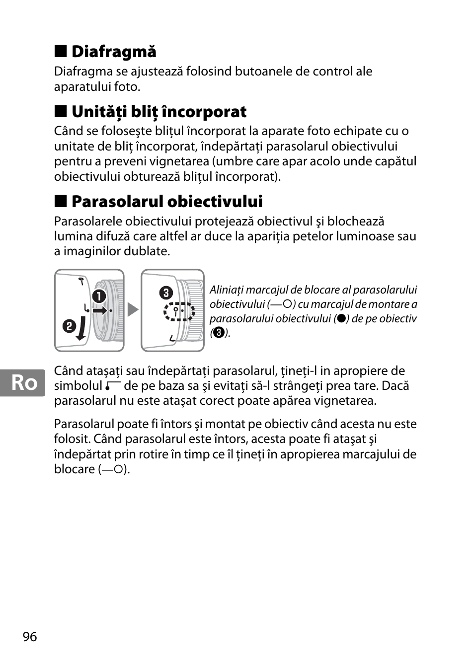 Diafragmă, Unităţi bliţ încorporat, Parasolarul obiectivului | Jp en de fr es sv ru nl it cz sk ro ua ck ch kr | Nikon AF-S 85mm f-1.4G User Manual | Page 96 / 140