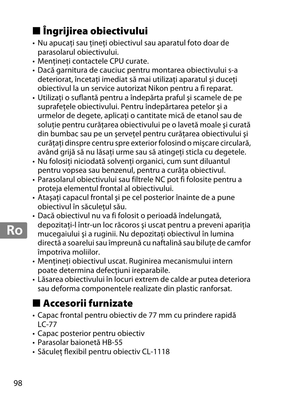 Îngrijirea obiectivului, Accesorii furnizate, Jp en de fr es sv ru nl it cz sk ro ua ck ch kr | Nikon AF-S 85mm f-1.4G User Manual | Page 98 / 140