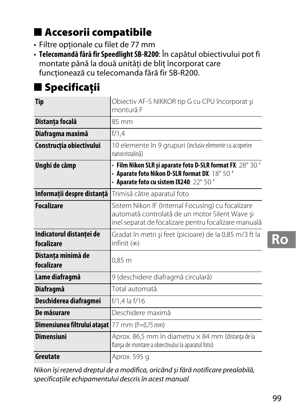 Accesorii compatibile, Specificaţii, Jp en de fr es sv ru nl it cz sk ro ua ck ch kr | Nikon AF-S 85mm f-1.4G User Manual | Page 99 / 140