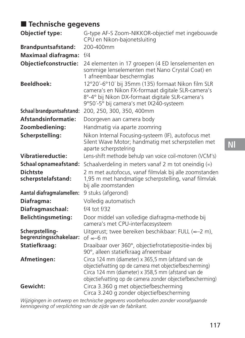 Jp en de fr es se ru nl it ck ch kr | Nikon AI-S Zoom-NIKKOR ED 200-400mm f-4 User Manual | Page 117 / 228