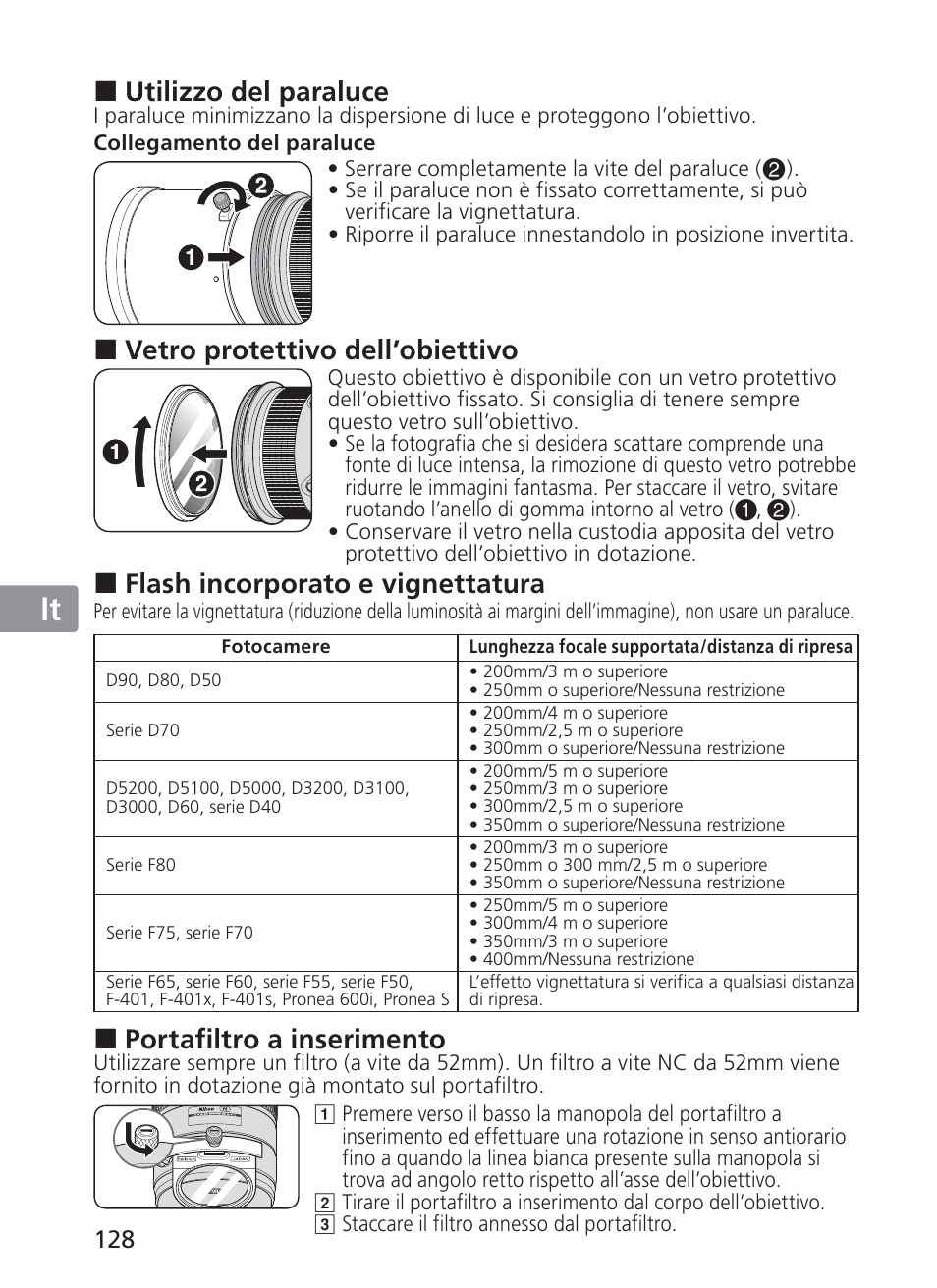 Jp en de fr es se ru nl it ck ch kr, Utilizzo del paraluce, Vetro protettivo dell’obiettivo | Flash incorporato e vignettatura, Portafiltro a inserimento | Nikon AI-S Zoom-NIKKOR ED 200-400mm f-4 User Manual | Page 128 / 228