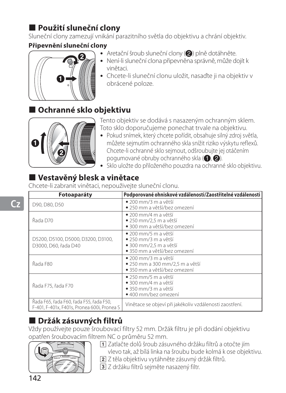 Jp en de fr es se ru nl it cz ch kr, Použití sluneční clony, Ochranné sklo objektivu | Vestavěný blesk a vinětace, Držák zásuvných filtrů | Nikon AI-S Zoom-NIKKOR ED 200-400mm f-4 User Manual | Page 142 / 228