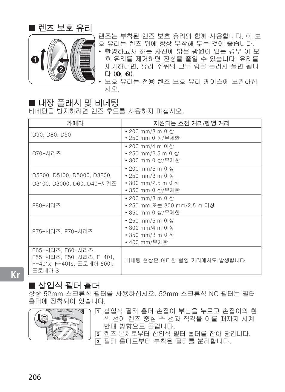 Jp en de fr es se ru nl it ck ch, 렌즈 보호 유리, 내장 플래시 및 비네팅 | 삽입식 필터 홀더 | Nikon AI-S Zoom-NIKKOR ED 200-400mm f-4 User Manual | Page 206 / 228