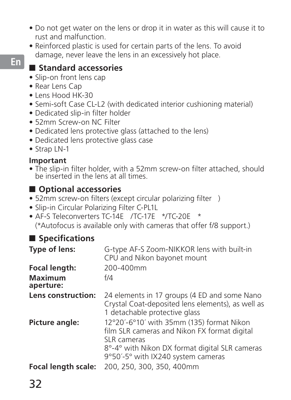 Jp en de fr es se ru nl it ck ch kr | Nikon AI-S Zoom-NIKKOR ED 200-400mm f-4 User Manual | Page 32 / 228