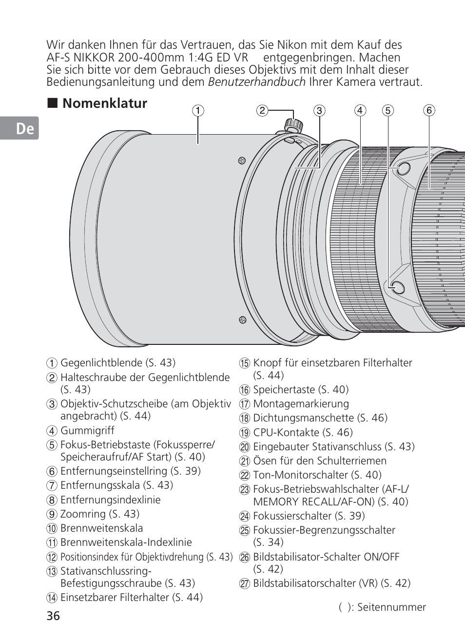 Jp en de fr es se ru nl it ck ch kr | Nikon AI-S Zoom-NIKKOR ED 200-400mm f-4 User Manual | Page 36 / 228