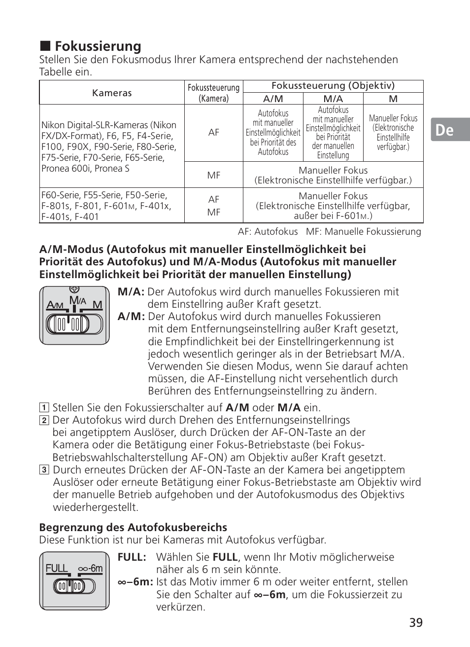 Jp en de fr es se ru nl it ck ch kr, Fokussierung | Nikon AI-S Zoom-NIKKOR ED 200-400mm f-4 User Manual | Page 39 / 228
