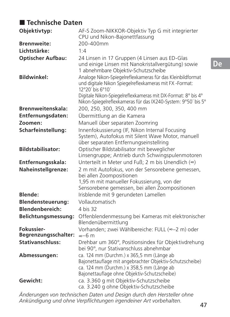 Jp en de fr es se ru nl it ck ch kr, Technische daten | Nikon AI-S Zoom-NIKKOR ED 200-400mm f-4 User Manual | Page 47 / 228