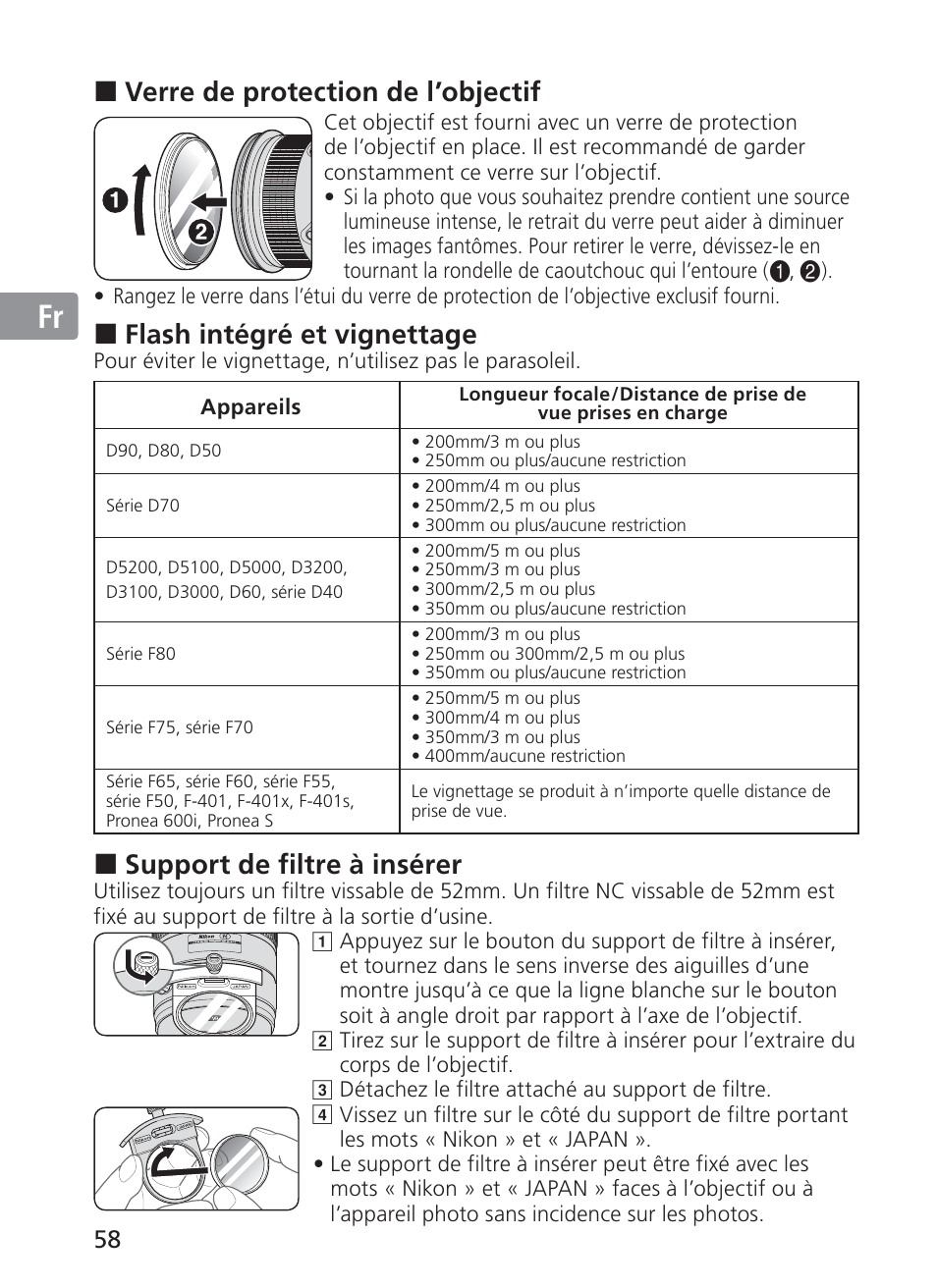 Jp en de fr es se ru nl it ck ch kr, Verre de protection de l’objectif, Flash intégré et vignettage | Support de filtre à insérer | Nikon AI-S Zoom-NIKKOR ED 200-400mm f-4 User Manual | Page 58 / 228