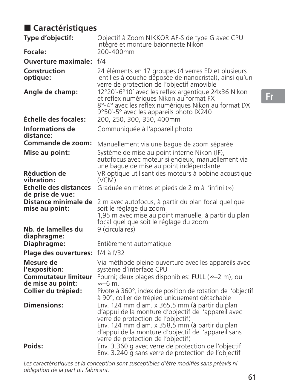 Jp en de fr es se ru nl it ck ch kr | Nikon AI-S Zoom-NIKKOR ED 200-400mm f-4 User Manual | Page 61 / 228