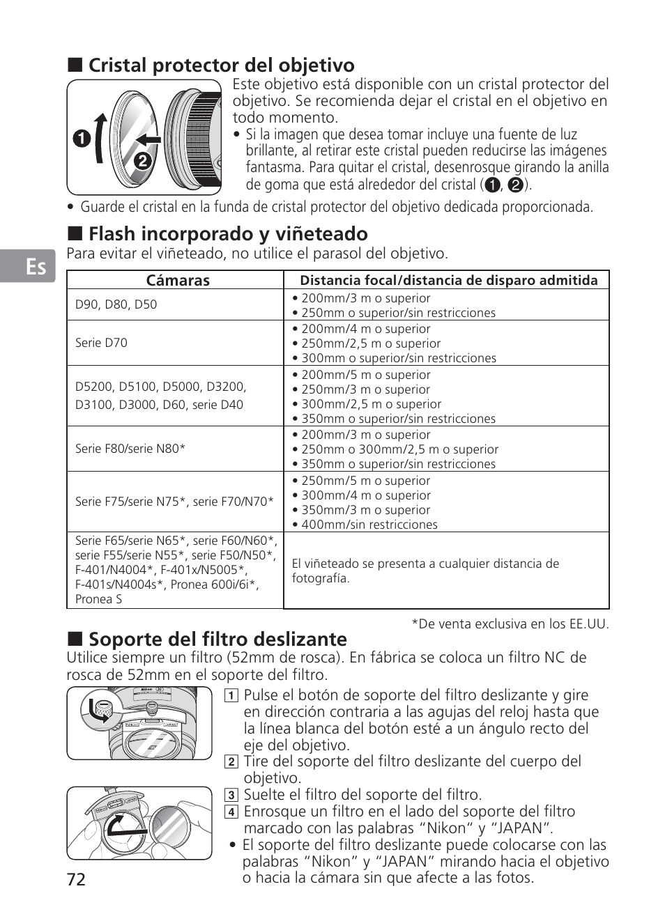 Jp en de fr es se ru nl it ck ch kr, Cristal protector del objetivo, Flash incorporado y viñeteado | Soporte del filtro deslizante | Nikon AI-S Zoom-NIKKOR ED 200-400mm f-4 User Manual | Page 72 / 228