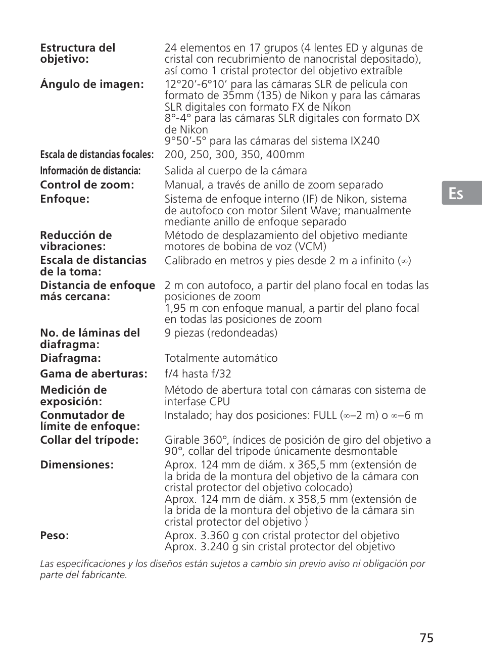 Jp en de fr es se ru nl it ck ch kr | Nikon AI-S Zoom-NIKKOR ED 200-400mm f-4 User Manual | Page 75 / 228