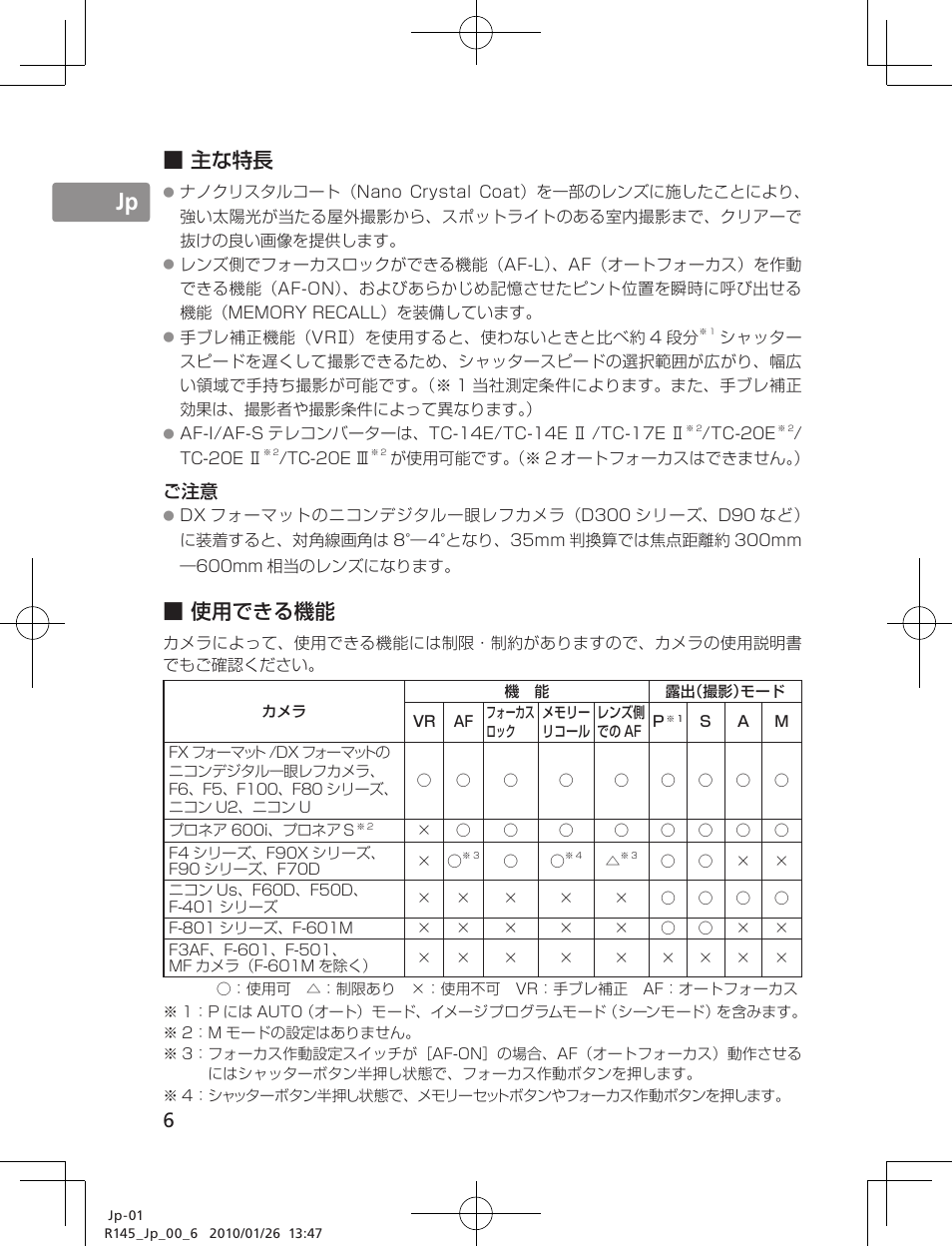 Jp en de fr es se ru nl it ck ch kr, 主な特長, 使用できる機能 | Nikon AF-S VR II 200-400mm f-4G IF ED User Manual | Page 6 / 212