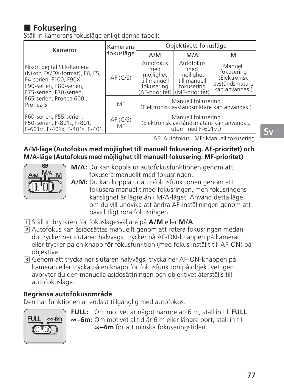 Jp en de fr es sv ru nl it ck ch kr, Fokusering | Nikon AF-S VR II 200-400mm f-4G IF ED User Manual | Page 77 / 212