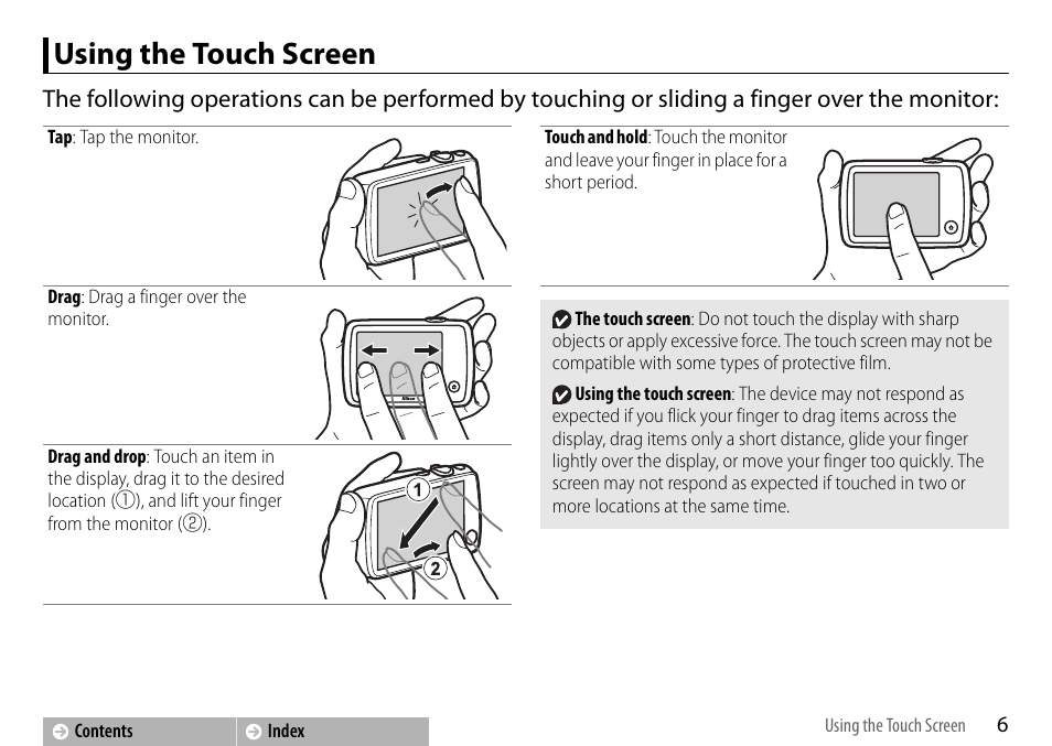 Using the touch screen | Nikon S01 User Manual | Page 16 / 96