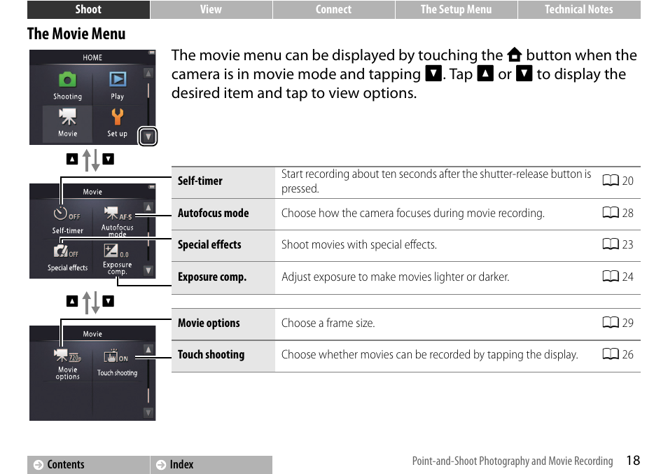 The movie menu, A 18 | Nikon S01 User Manual | Page 28 / 96