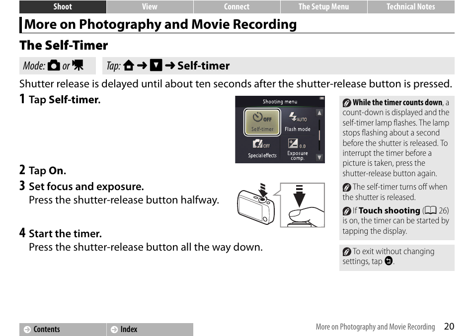 More on photography and movie recording, The self-timer, A 20 | Nikon S01 User Manual | Page 30 / 96