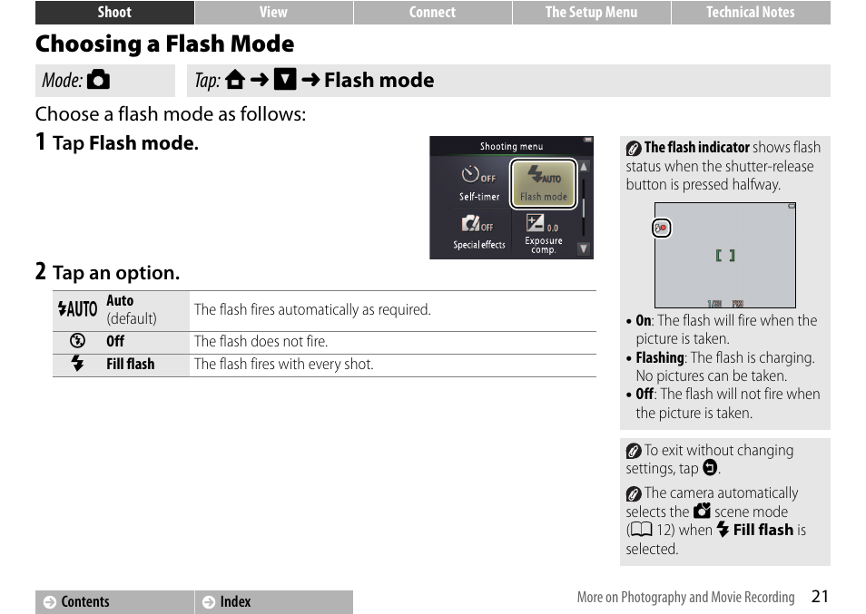 Choosing a flash mode, A 21, A 21) | Mode: a tap: w ➜ c ➜ flash mode | Nikon S01 User Manual | Page 31 / 96