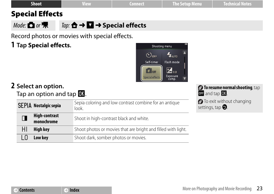 Special effects, A 23 | Nikon S01 User Manual | Page 33 / 96