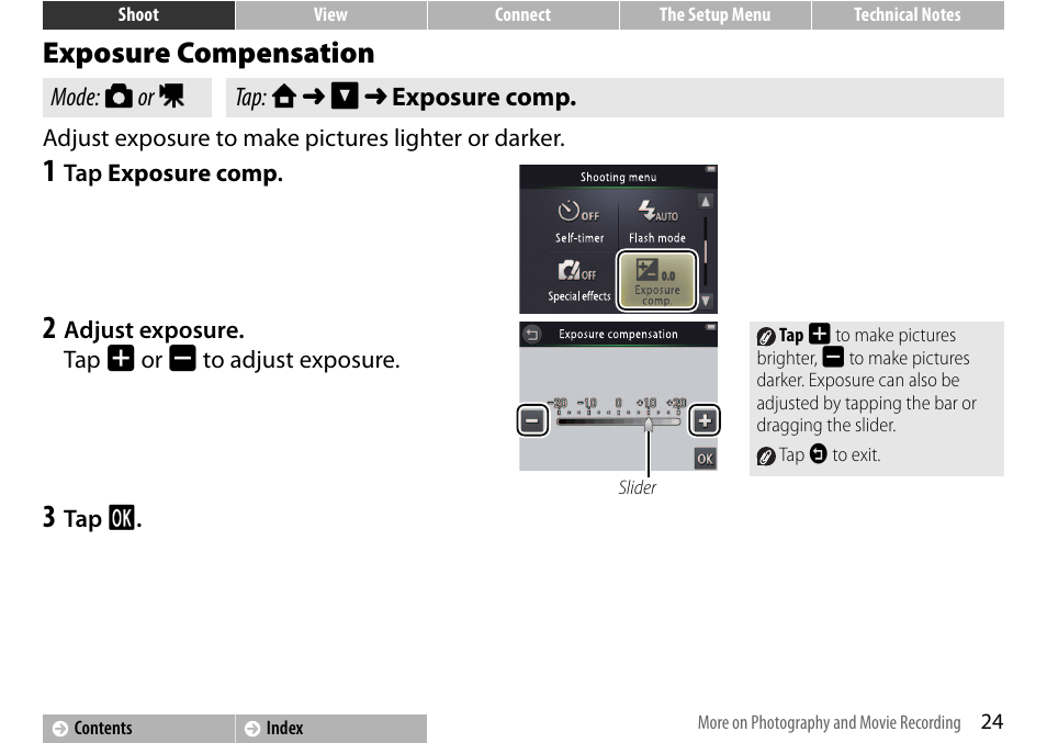 Exposure compensation, A 24 | Nikon S01 User Manual | Page 34 / 96