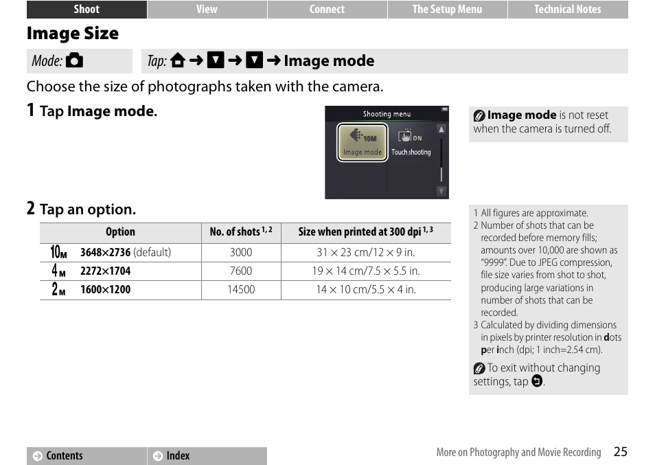 Image size, A 25, A 25) | Mode: a tap: w ➜ c ➜ c ➜ image mode | Nikon S01 User Manual | Page 35 / 96