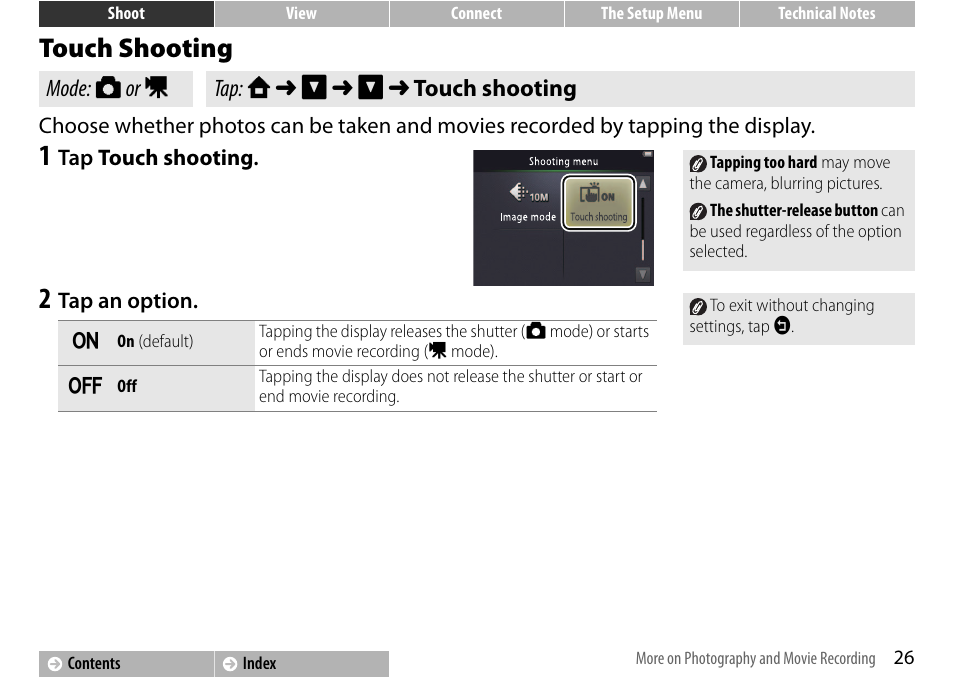 Touch shooting, A 26 | Nikon S01 User Manual | Page 36 / 96