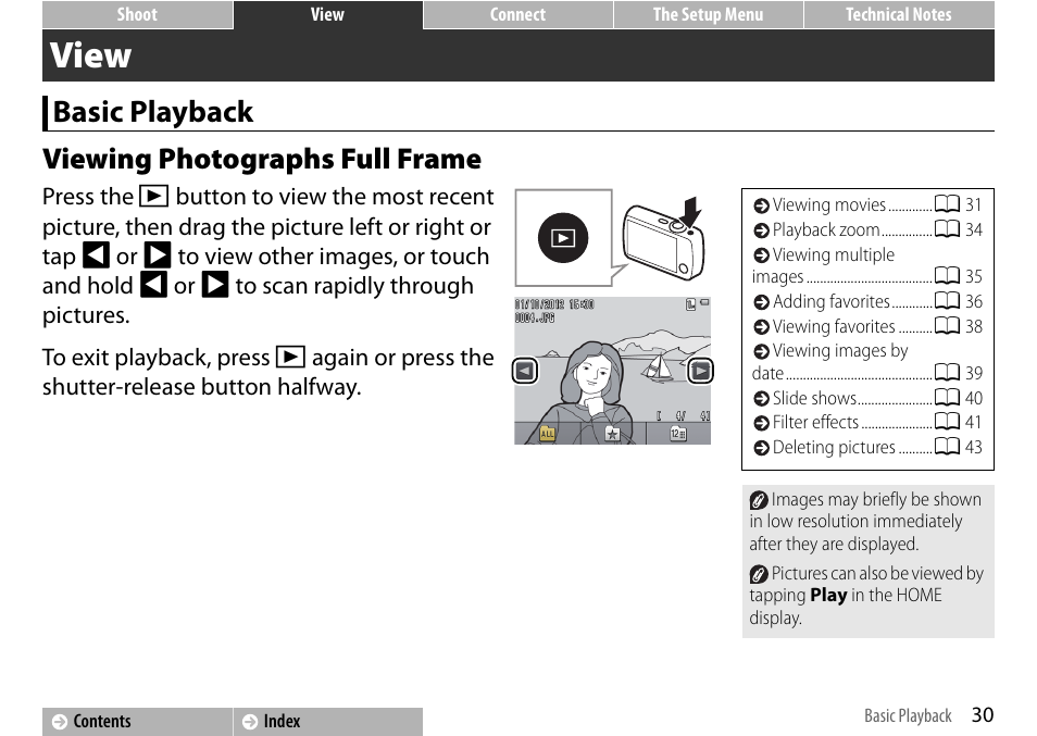 View, Basic playback, Viewing photographs full frame | Basic playback viewing photographs full frame, A 30), A 30 | Nikon S01 User Manual | Page 40 / 96