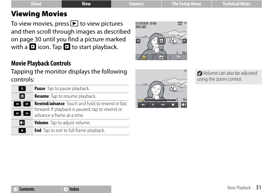 Viewing movies, A 31, Movie playback controls | Nikon S01 User Manual | Page 41 / 96