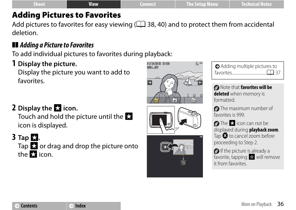 Adding pictures to favorites, A 36, A 36) or | Adding a picture to favorites | Nikon S01 User Manual | Page 46 / 96