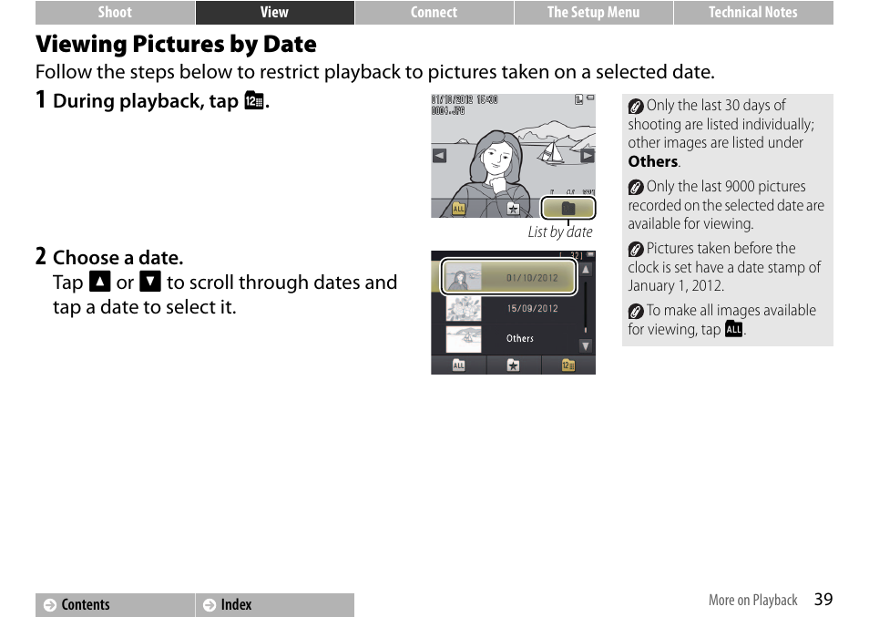 Viewing pictures by date, A 39, A 39) | Nikon S01 User Manual | Page 49 / 96