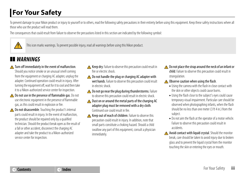 For your safety, Warnings | Nikon S01 User Manual | Page 5 / 96