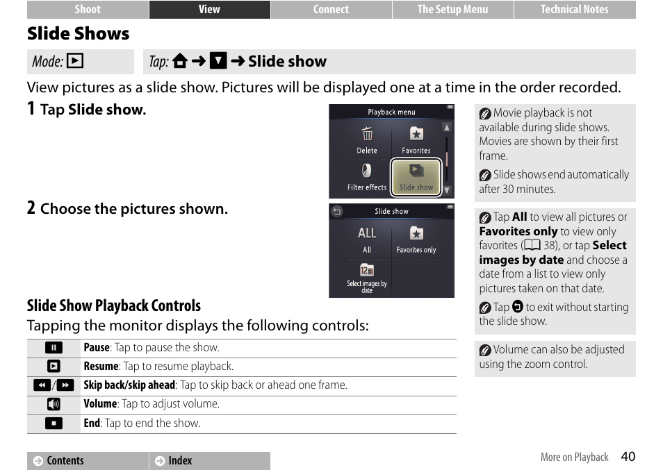 Slide shows, A 40, Slide show playback controls | Mode: b tap: w ➜ c ➜ slide show | Nikon S01 User Manual | Page 50 / 96