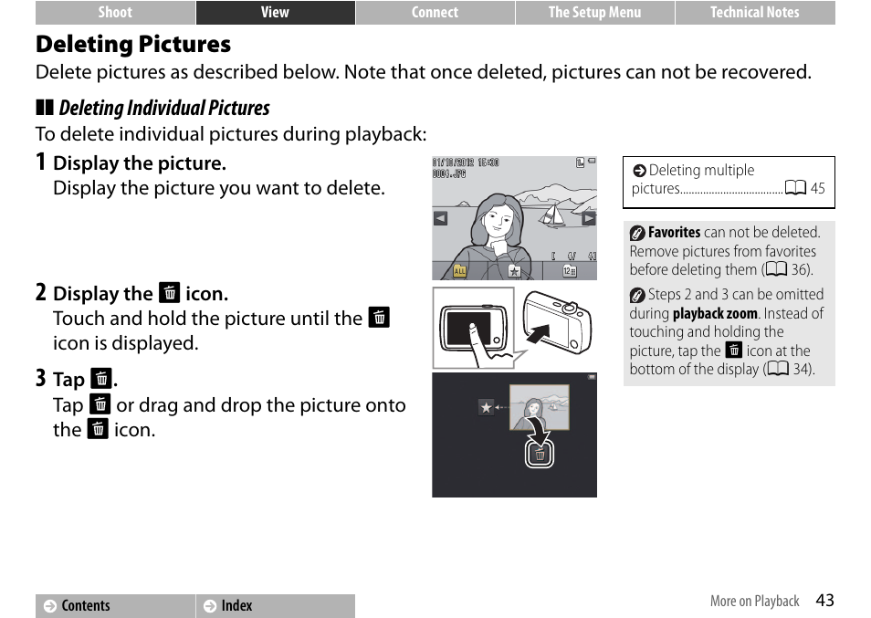 Deleting pictures, A 43, Deleting individual pictures | Nikon S01 User Manual | Page 53 / 96