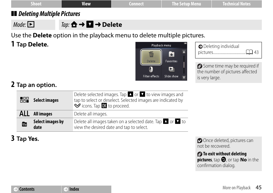 A 45, A 45), Deleting multiple pictures | Nikon S01 User Manual | Page 55 / 96