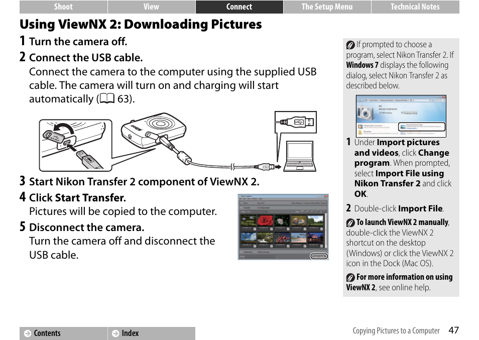 Using viewnx 2: downloading pictures, A 47 | Nikon S01 User Manual | Page 57 / 96