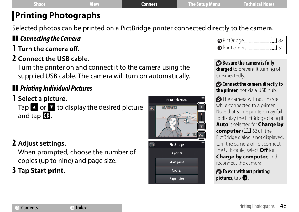 Printing photographs, A 48, Connecting the camera | Printing individual pictures | Nikon S01 User Manual | Page 58 / 96