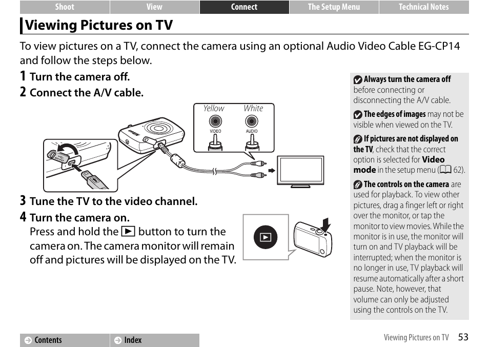 Viewing pictures on tv, A 53 | Nikon S01 User Manual | Page 63 / 96