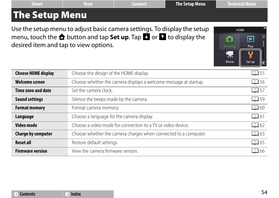 The setup menu, A 54) | Nikon S01 User Manual | Page 64 / 96