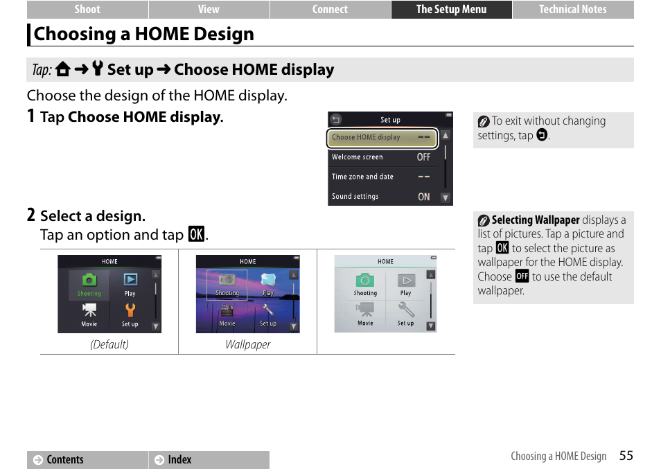 Choosing a home design, A 55, Tap: w ➜ z set up ➜ choose home display | Nikon S01 User Manual | Page 65 / 96