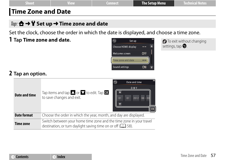 Time zone and date, A 57), The clock | A 57 | Nikon S01 User Manual | Page 67 / 96