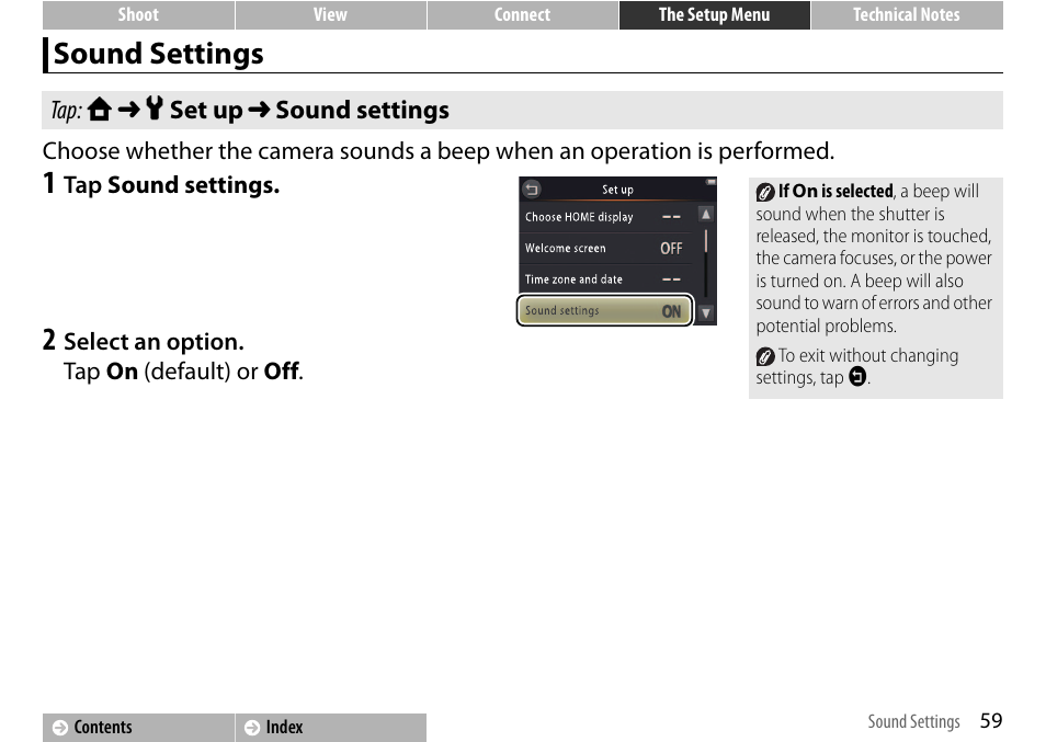 Sound settings, A 59 | Nikon S01 User Manual | Page 69 / 96