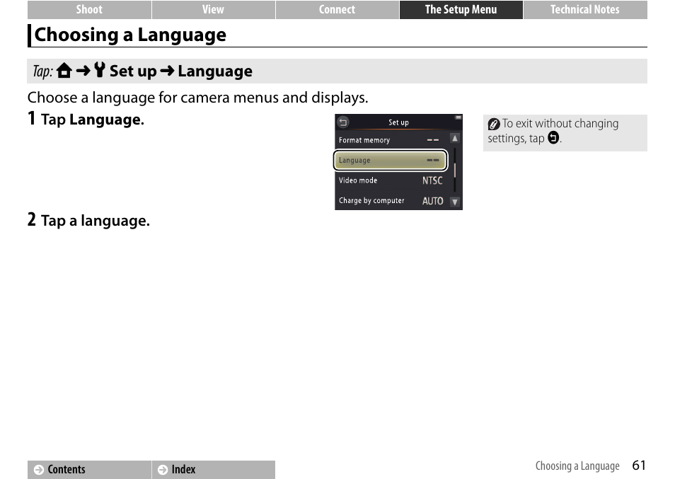 Choosing a language, A 61), A 61 | Nikon S01 User Manual | Page 71 / 96