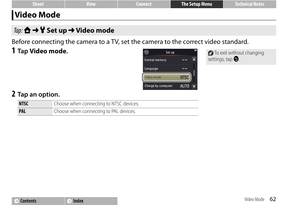 Video mode, A 62), A 62 | Nikon S01 User Manual | Page 72 / 96