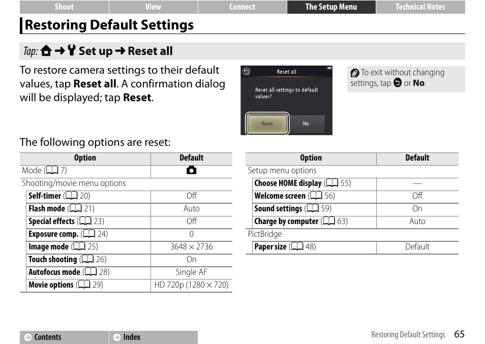 Restoring default settings, A 65, Tap: w ➜ z set up ➜ reset all | Nikon S01 User Manual | Page 75 / 96