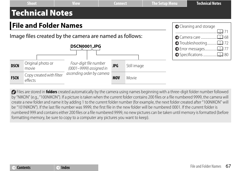 Technical notes, File and folder names, A 67 | Nikon S01 User Manual | Page 77 / 96