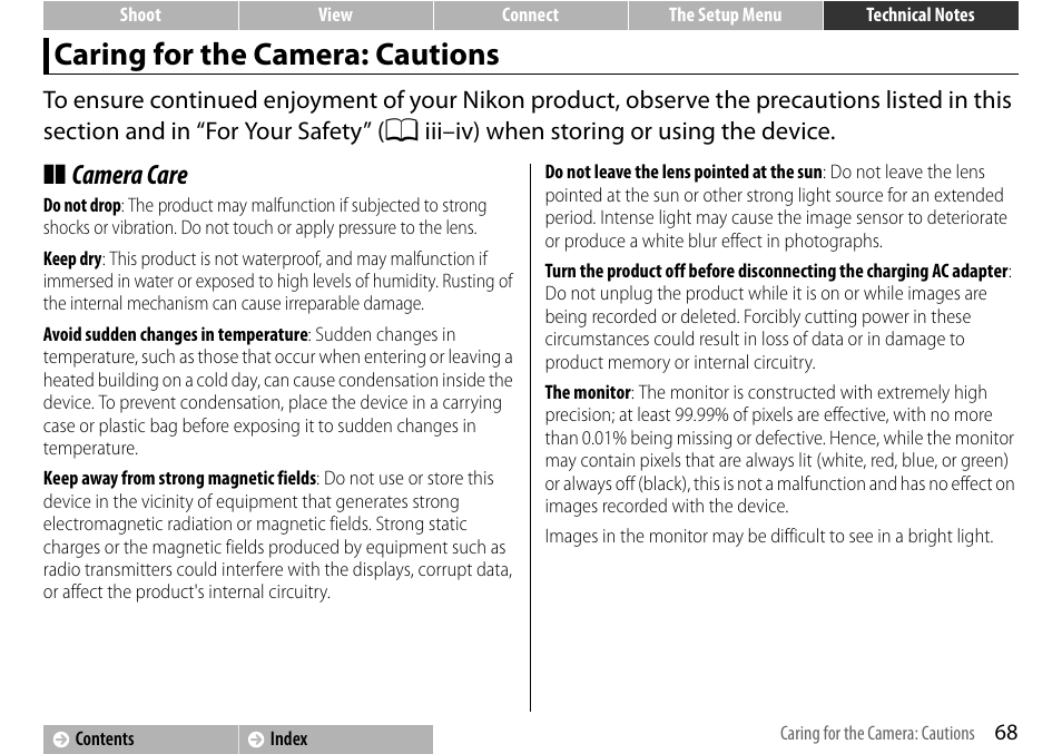 Caring for the camera: cautions, A 68, Camera care | Nikon S01 User Manual | Page 78 / 96