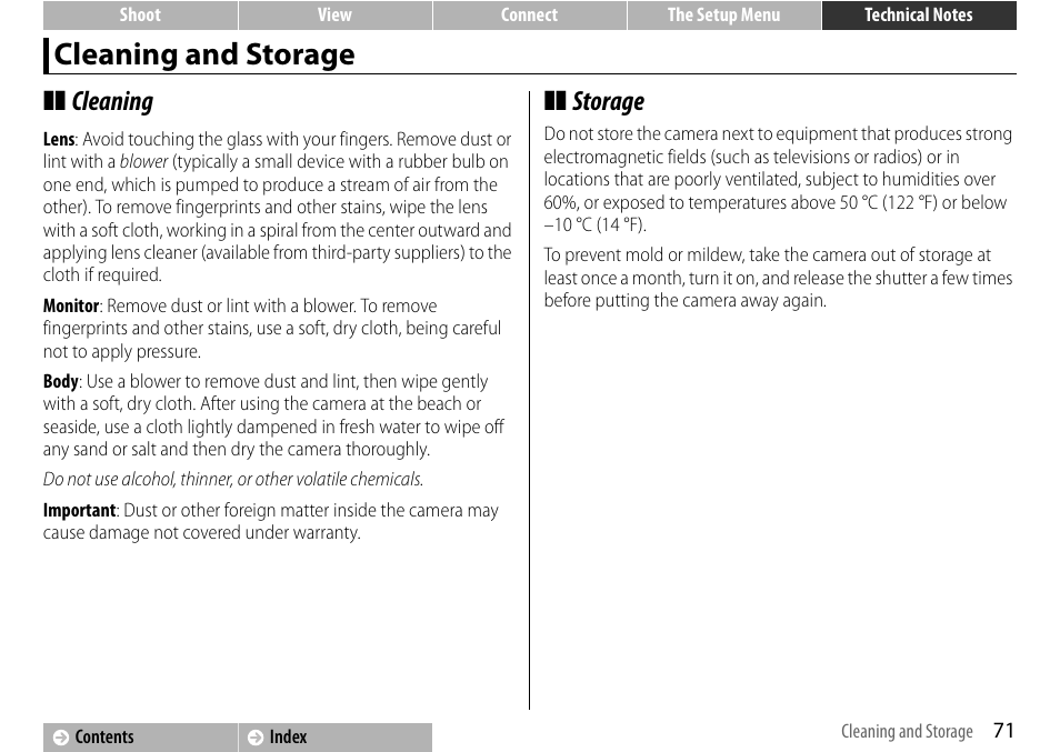 Cleaning and storage, A 71, Cleaning | Storage | Nikon S01 User Manual | Page 81 / 96