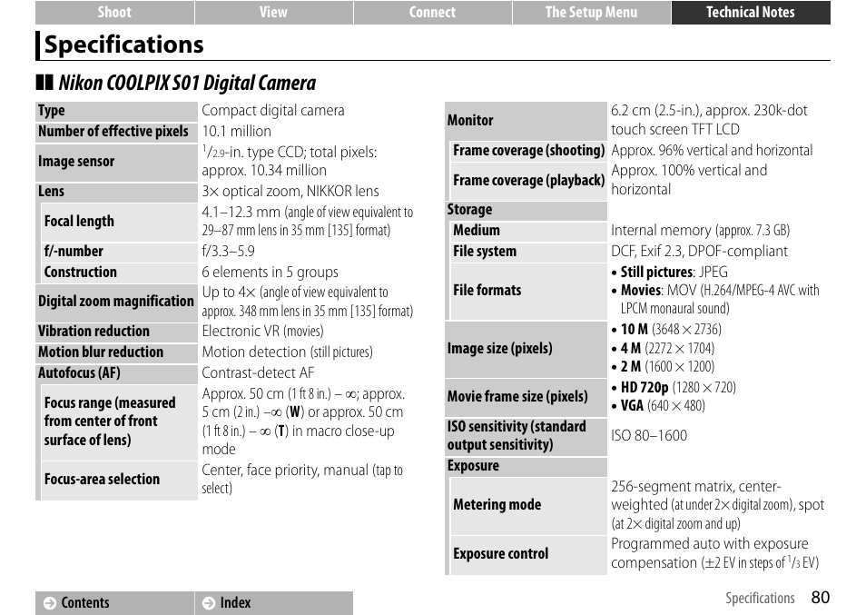 Specifications, A 80, Nikon coolpix s01 digital camera | Nikon S01 User Manual | Page 90 / 96